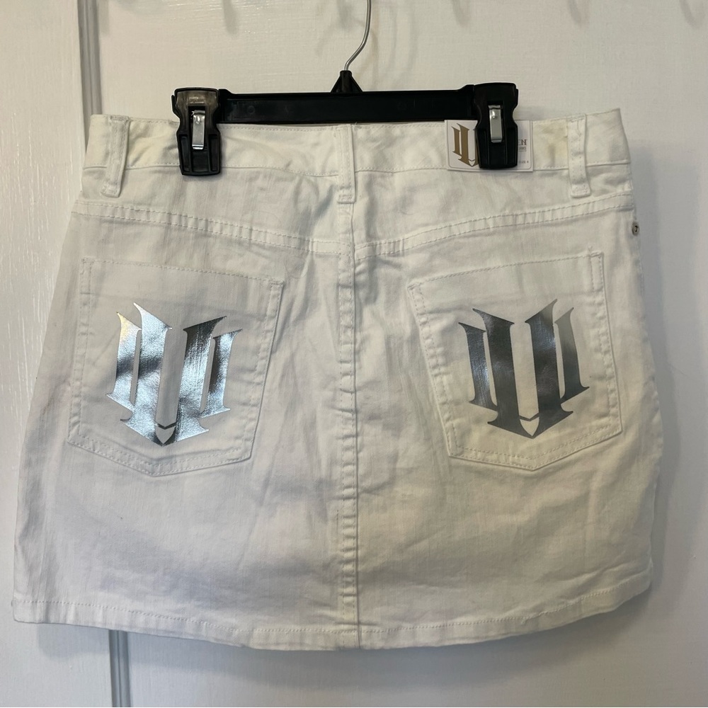 EleVen by Venus Williams White Denim Skirt Silver Logo Pocket